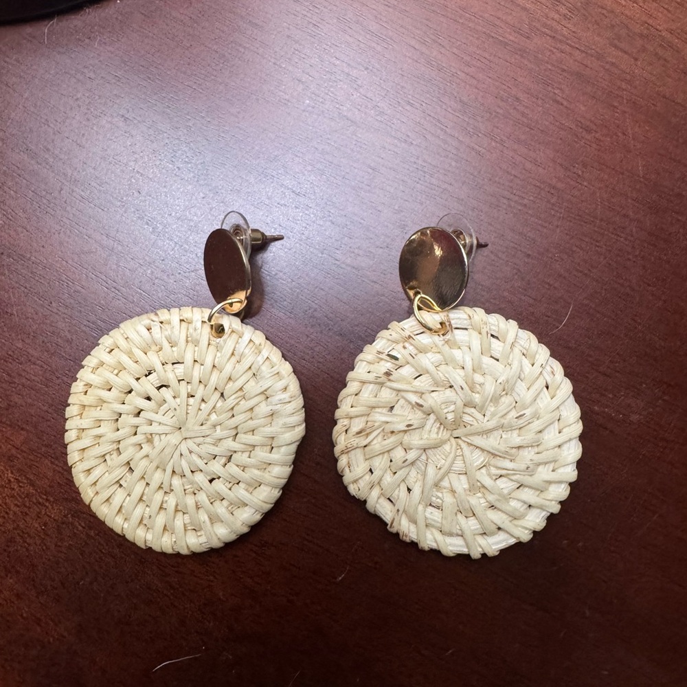 Woven Rattan Circle Earrings with Gold Accents